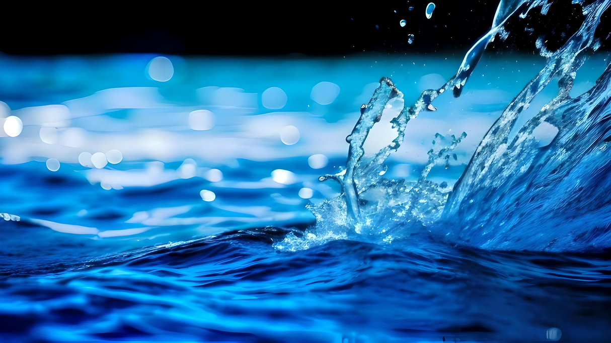The image captures a close-up of water in motion, with a detailed splash rising from the surface. The deep blue tones contrast with the bright highlights, enhancing the texture of the liquid. Tiny water droplets are suspended in the air, reflecting light. The background features a soft bokeh effect with blurred circles of light, adding depth and a smooth transition from the sharp details in the foreground. Ai generated. Photography style.