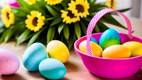 A pink plastic basket with a checkered handle is filled with glossy, colorful Easter eggs in shades of yellow, blue, green, and orange, with one featuring a zigzag pattern. Additional eggs, including speckled and gradient designs, rest on a smooth wooden surface. In the blurred background, vibrant yellow flowers with green leaves add a warm contrast to the composition. Ai generated. Photography style.