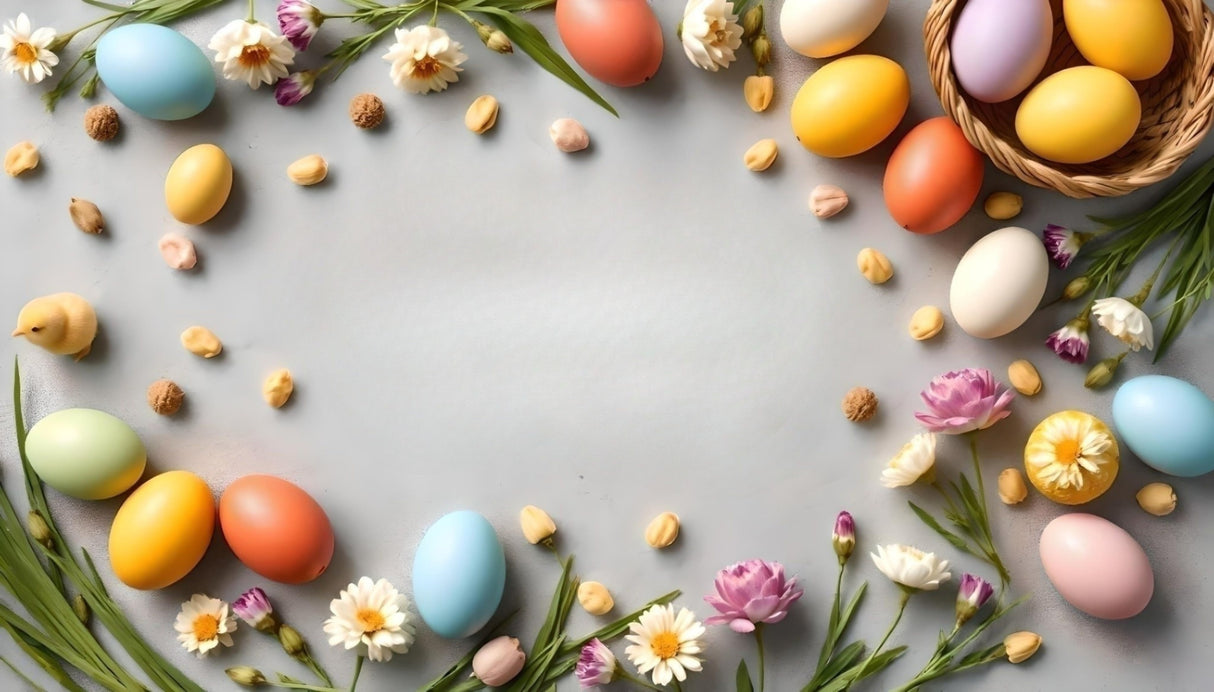 Customizable Easter eggs and flowers flat lay photoshop template Ai Generated Image