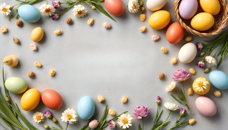 Customizable Easter eggs and flowers flat lay photoshop template Ai Generated Image