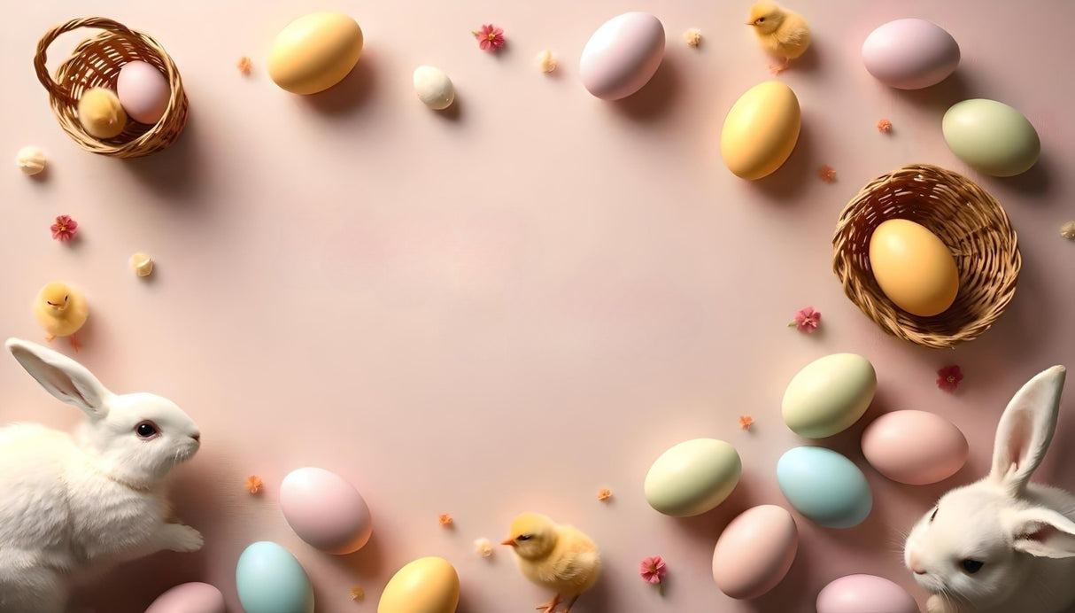 Customizable happy Easter on pink background photoshop template Ai Generated Image