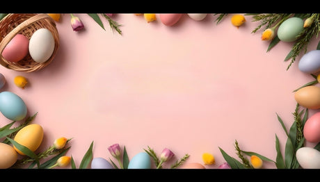 Customizable Easter flat lay with pastel eggs and tulips photoshop template Ai Generated Image