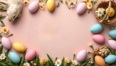 Customizable Easter flat lay with eggs and flowers photoshop template Ai Generated Image