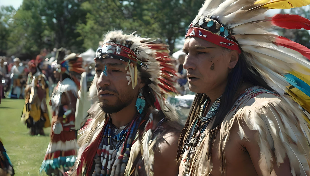 Two Indigenous men wear elaborate feathered headdresses and traditional garments, adorned with beads, feathers, and symbolic face paint. One headdress features vivid red, yellow, and white feathers. The background reveals a gathering of similarly dressed individuals on a grassy field beneath a bright sky.