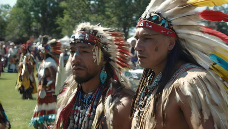 Two Indigenous men wear elaborate feathered headdresses and traditional garments, adorned with beads, feathers, and symbolic face paint. One headdress features vivid red, yellow, and white feathers. The background reveals a gathering of similarly dressed individuals on a grassy field beneath a bright sky.