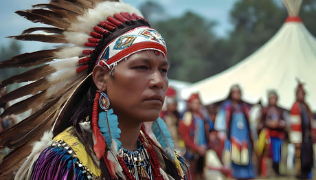 The image shows a close-up of an Indigenous man wearing a detailed feathered headdress with red, white, and brown plumes. He is adorned with vibrant jewelry, including blue feather earrings, beaded necklaces, and a decorated garment with red, yellow, and blue elements. In the blurred background, other individuals in regalia stand near a tipi.
