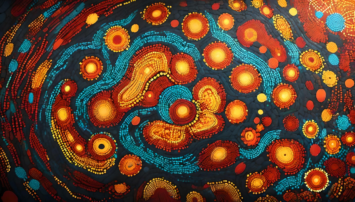 The image showcases an abstract composition of vivid, circular clusters in glowing yellow, red, and orange tones, surrounded by winding streams of turquoise dots. These elements flow over a dark background, creating a rhythmic pattern. The textured appearance resembles intricate mosaic work with rich color contrasts.