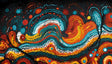 The image displays an abstract, flowing composition made of vibrant red, orange, white, yellow, and turquoise dots and strokes on a dark background. The swirling forms resemble fluid motion, with clusters and trails that create a sense of rhythm and energy. Bright highlights and contrast enhance the visual depth of the pattern.