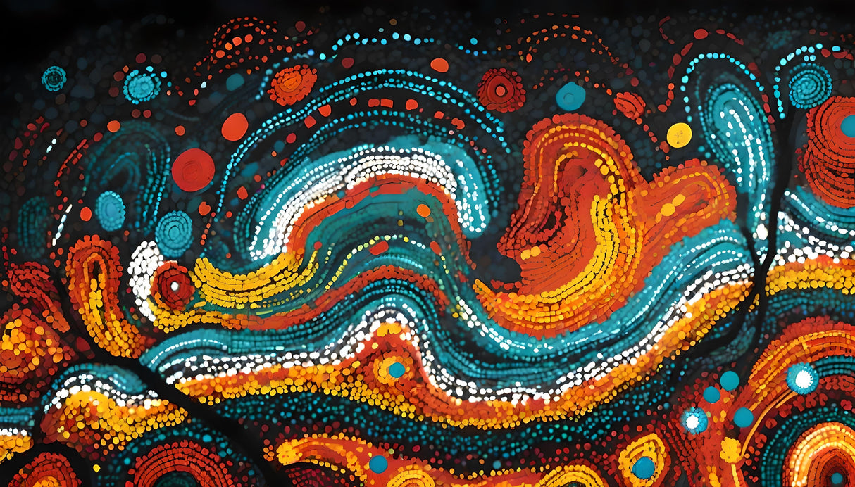The image displays an abstract, flowing composition made of vibrant red, orange, white, yellow, and turquoise dots and strokes on a dark background. The swirling forms resemble fluid motion, with clusters and trails that create a sense of rhythm and energy. Bright highlights and contrast enhance the visual depth of the pattern.