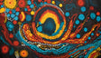 The image showcases a dynamic abstract spiral composed of concentric rings in vivid yellow, orange, red, and turquoise tones. Surrounding the central swirl are scattered circular and dotted patterns in blue, white, and red, set against a dark background. The composition evokes movement and depth through its vibrant, layered textures.