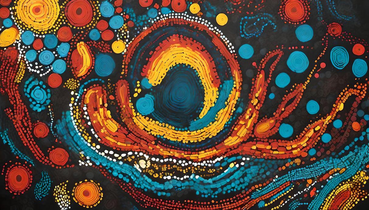 The image showcases a dynamic abstract spiral composed of concentric rings in vivid yellow, orange, red, and turquoise tones. Surrounding the central swirl are scattered circular and dotted patterns in blue, white, and red, set against a dark background. The composition evokes movement and depth through its vibrant, layered textures.