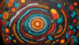 A vivid abstract composition centered around a glowing yellow-orange spiral surrounded by concentric rings of red, white, turquoise, and yellow. The background is deep black, filled with floating dots, ovals, and arcs in warm and cool tones. The intricate patterns radiate outward, creating a sense of rhythmic motion and depth.