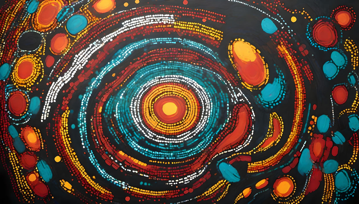 A vivid abstract composition centered around a glowing yellow-orange spiral surrounded by concentric rings of red, white, turquoise, and yellow. The background is deep black, filled with floating dots, ovals, and arcs in warm and cool tones. The intricate patterns radiate outward, creating a sense of rhythmic motion and depth.