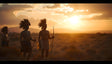 The image shows three men standing in a vast, dry landscape during a golden sunset. They wear traditional headdresses made of dark feathers and hold long spears or staffs. Their torsos are bare, and they wear decorated cloth around their waists. The sky is filled with soft clouds and warm sunlight, casting long shadows across the field.