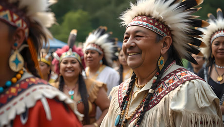 The image shows an elder Indigenous man smiling warmly, wearing a detailed feathered headdress with white, black, and brown plumes. He is dressed in a cream-colored fringed shirt adorned with beaded patterns and turquoise jewelry. Around him, other individuals in colorful traditional attire and headdresses also appear joyful and engaged.