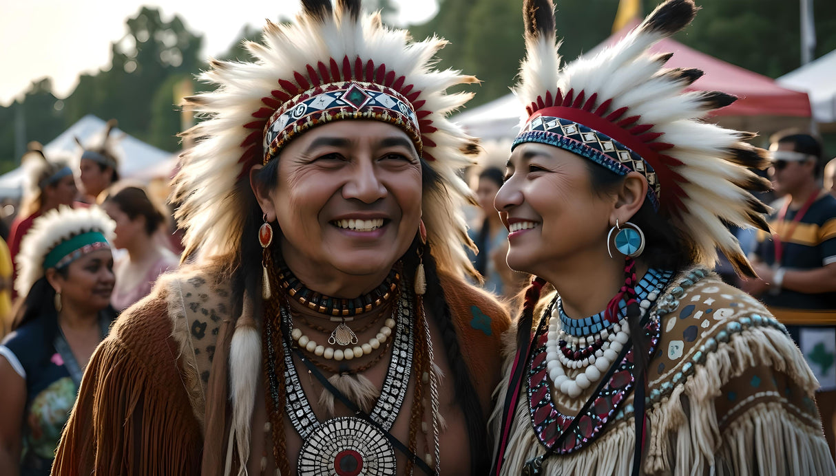 Customizable smiling Indigenous couple in traditional regalia at outdoor gathering photoshop template Ai Generated Image