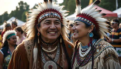 Customizable smiling Indigenous couple in traditional regalia at outdoor gathering photoshop template Ai Generated Image