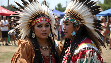 Two Indigenous women wear striking feathered headdresses with red and multicolored beaded headbands. One wears a rust-orange dress with shell and bead jewelry, the other a red garment with white fringe and turquoise earrings. They stand closely amid a crowd under tents at an outdoor cultural event.