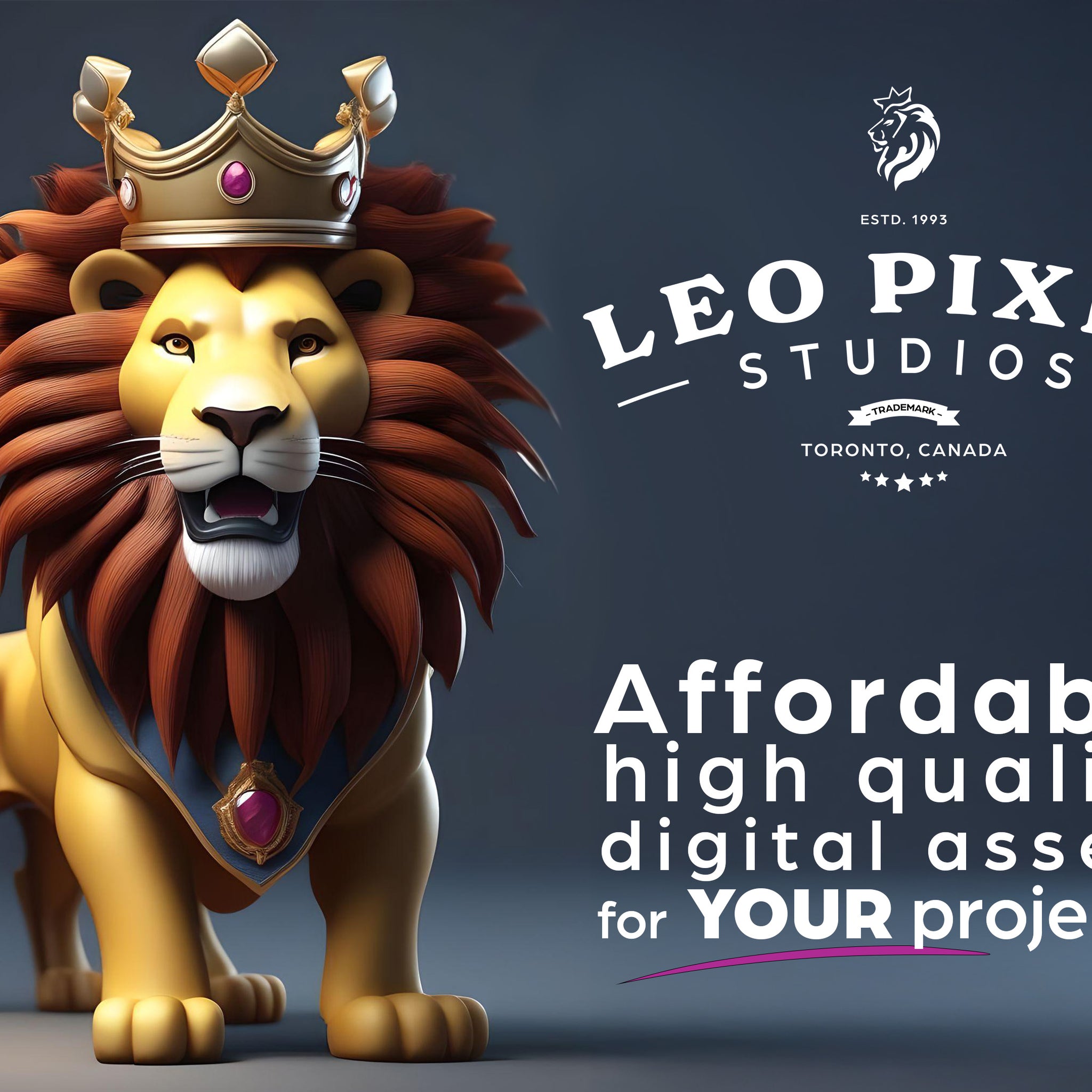 A cartoon Lion with our logo and the tagline: Affordable high quality digital assets  for your projects.