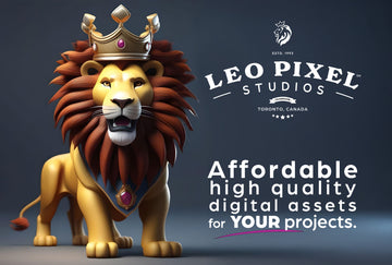 A cartoon Lion with our logo and the tagline: Affordable high quality digital assets  for your projects.