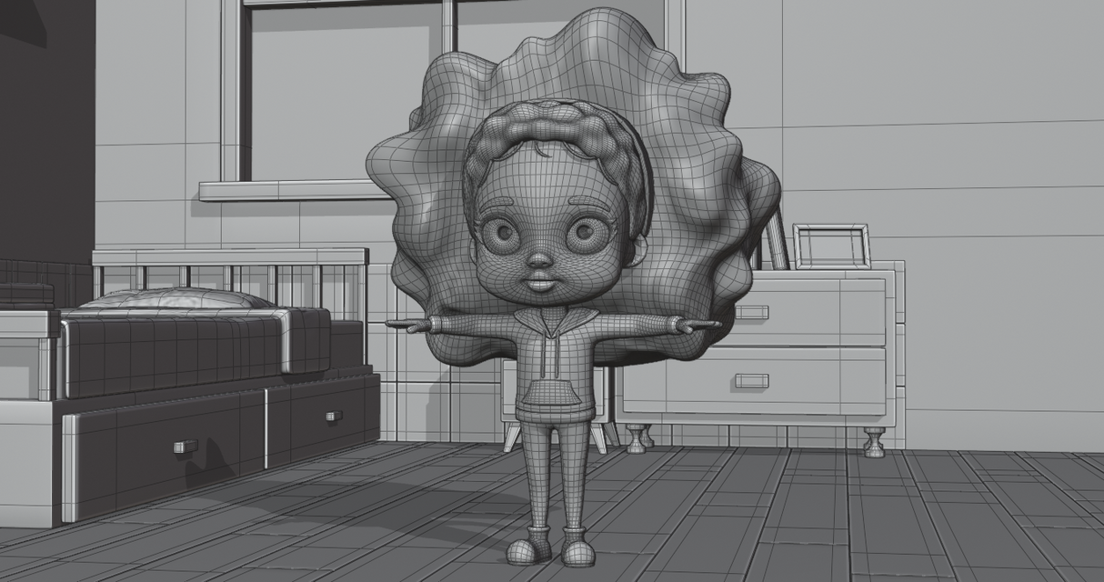 Wireframe front view of 3D little girl character