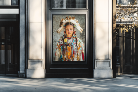 Native American woman in feathered headdress and beaded regalia Ai Generated Image