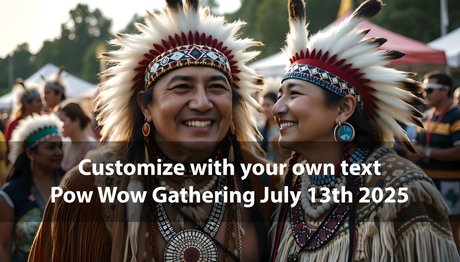 Customizable smiling Indigenous couple in traditional regalia at outdoor gathering photoshop template Ai Generated Image
