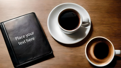 Customizable flat lay with notebook and coffee cups photoshop template Ai Generated Image
