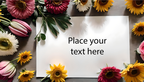 Flat lay with white paper and colorful flowers Ai Generated Image