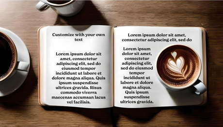 Customizable flat lay with open notebook and coffee cups photoshop template Ai Generated Image