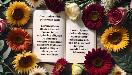 Customizable flat lay with open notebook and colorful flowers photoshop template Ai Generated Image