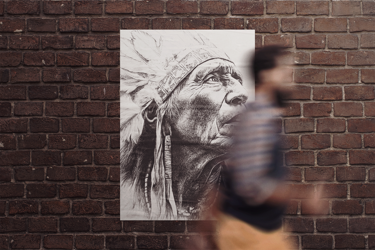 Indigenous Chief looking in the distance - black and white drawing Ai Generated Image
