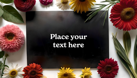 Customizable flat lay with black paper and colorful flowers Ai Generated Image
