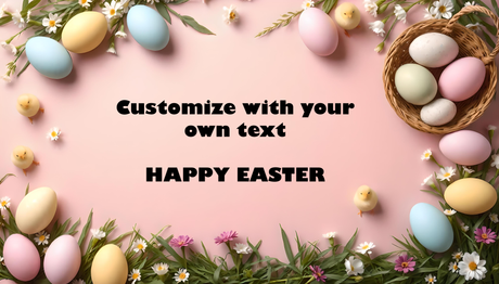 Customizable pastel Easter eggs flat lay and flowers on pink background photoshop template Ai Generated Image