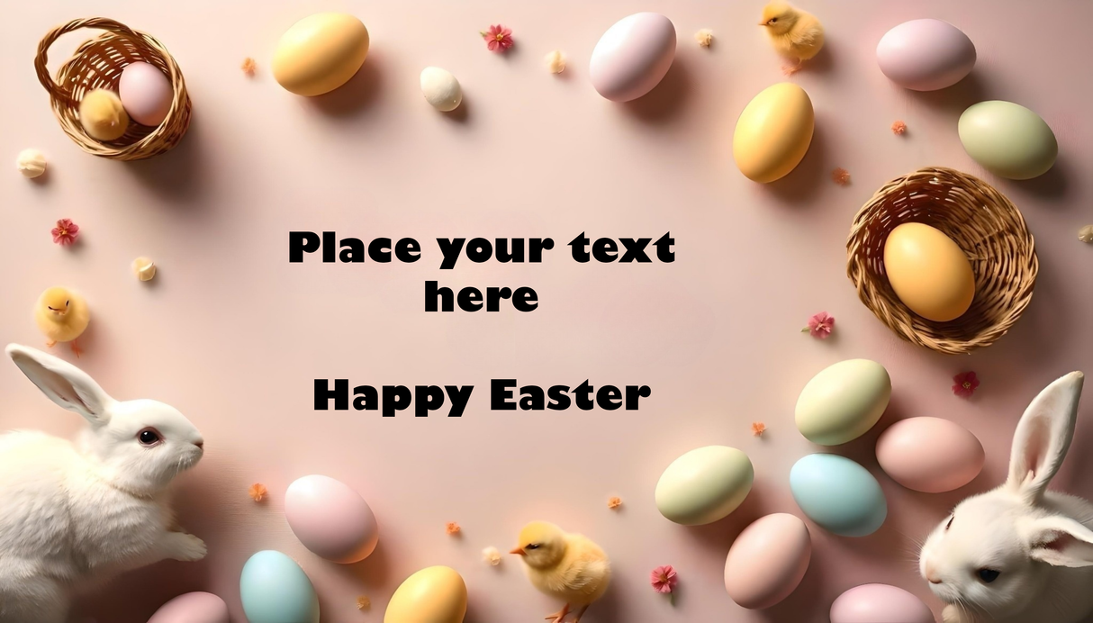 Customizable happy Easter on pink background photoshop template Ai Generated Image
