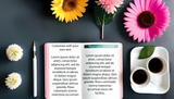 Customizable flat lay with notebook and colorful flowers photoshop template Ai Generated Image