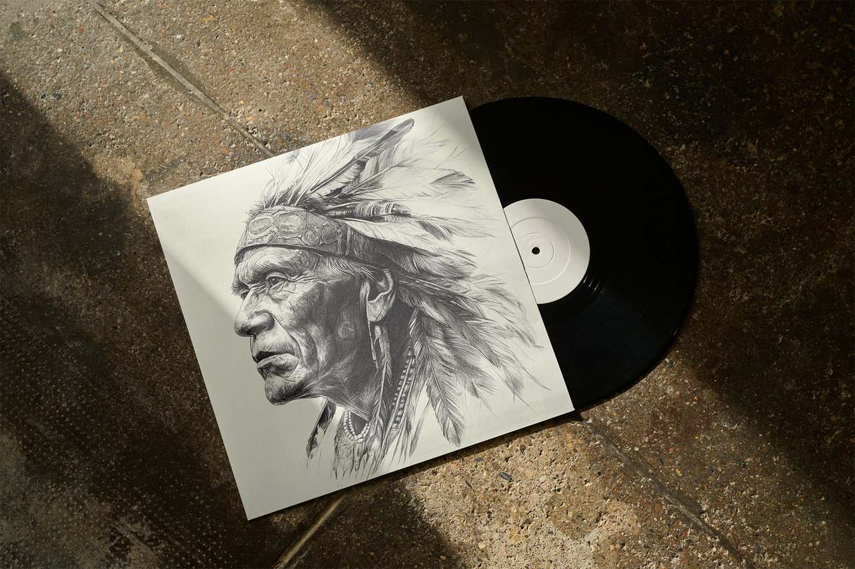 Indigenous chief looking in the distance - black and white drawing Ai Generated Image