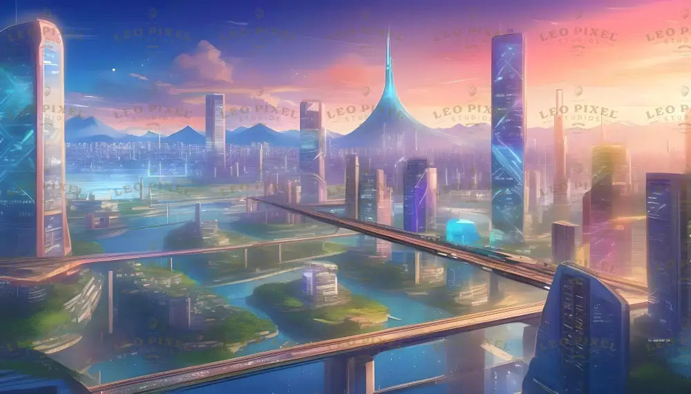 This anime-style artwork showcases a futuristic city interwoven with shimmering waterways and towering skyscrapers. Elevated bridges connect districts, while sleek architecture reflects the vibrant hues of sunrise. The serene waters below mirror the grandeur of the skyline, creating a harmonious blend of innovation, nature, and beauty in this utopian vision. Ai generated image.