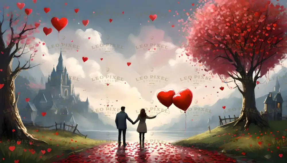 In this breathtaking digital art style, a couple stands hand in hand on a path blanketed with red petals, gazing at a dreamy castle beyond the lake. Two heart-shaped balloons float gently as a crimson tree blooms vibrantly to the right, its petals scattering in the breeze. The sky, adorned with floating hearts and soft clouds, creates a magical, fairytale atmosphere of love and serenity. Ai generated image.