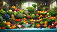 A colorful assortment of fresh fruits and vegetables arranged on a table with a turquoise cloth. Baskets hold tomatoes, apples, and grapes, while broccoli, lettuce, and peppers fill the scene. A window behind bathes the room in natural light, highlighting jars, shelves, and greenery. The vibrant produce and rustic surroundings create a lively and wholesome atmosphere. Ai generated. Digital art style.