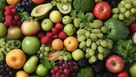 This image features a diverse assortment of fresh produce, including green apples, pears, red apples, grapes, broccoli, raspberries, and avocado. Bright colors of yellow, green, and red dominate, with leafy greens and herbs adding texture. Kiwi slices, blackberries, and oranges enhance the variety, all arranged closely, creating a rich and vibrant display of natural bounty. Ai generated. Photography style.