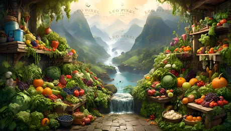 The image showcases a vibrant assortment of fresh fruits and vegetables, including pumpkins, grapes, cabbages, tomatoes, and carrots, arranged on shelves and overflowing baskets. Surrounding the scene are lush green hills framing a serene valley. A cascading waterfall flows into a clear blue river under a golden sky, creating a peaceful, natural ambiance. Ai generated. Digital art style.