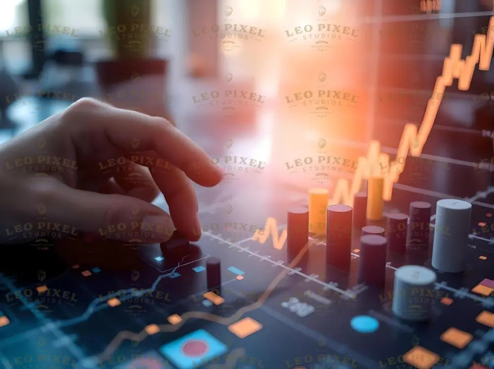 A close-up view of a hand adjusting controls on a sophisticated data visualization dashboard. The interface displays dynamic bar charts and line graphs, reflecting real-time business analytics. The image captures the precision and interaction involved in managing and interpreting key performance metrics to drive informed decision-making and business growth. Ai generated image.