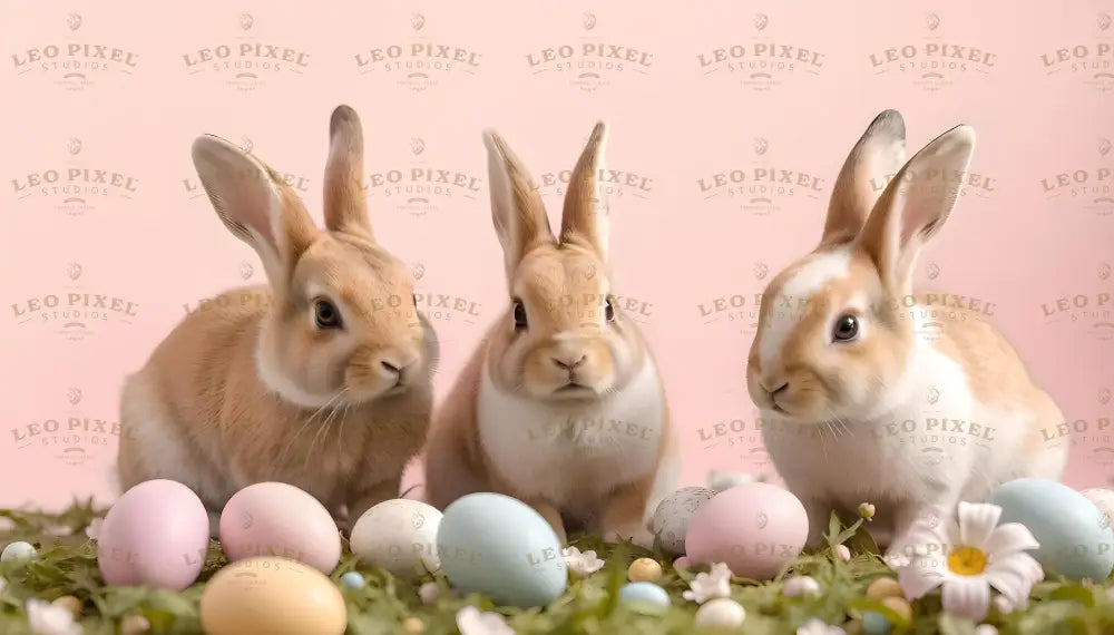 Three light brown and white bunnies sit together on a bed of green grass, surrounded by pastel-colored eggs and small white flowers. The soft pink background enhances the gentle and cheerful atmosphere. The simplicity of the scene highlights the charm of the bunnies and the vibrant colors of the eggs, creating a sweet and festive springtime setting. Ai generated. Photography style.