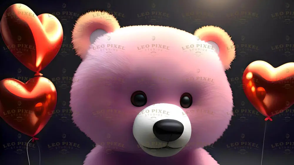 A charming pink teddy bear with soft, plush fur sits against a sleek dark background, its round black eyes shining with innocence and warmth. Golden heart-shaped balloons float on either side, their glossy surfaces reflecting a soft light, creating a romantic yet playful atmosphere. The bear’s expression, sweet and inviting, radiates love and affection in this endearing composition. Ai generated image.