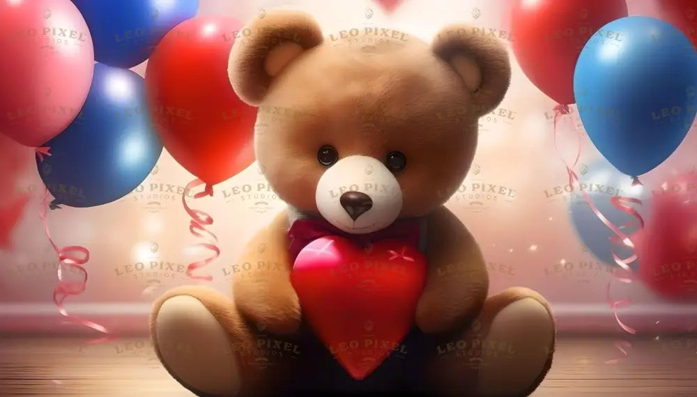 A charming plush teddy bear sits sweetly at the center, clutching a glossy red heart with a small bow. Its soft, golden fur and round, glistening eyes exude warmth and affection. Surrounding the bear are vibrant red and blue balloons with playful pink ribbons, creating a festive and heartwarming atmosphere perfect for expressing love and joy in a magical setting. Ai generated image.