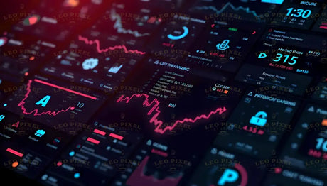 A dynamic, futuristic dashboard showcases intricate data visualizations and metrics in vivid neon tones of red, blue, and pink. Graphs spike dramatically, while widgets display real-time analytics, security protocols, and system statuses. The interface hums with energy, reflecting a high-tech environment where critical decisions are guided by actionable insights. Ai generated. Photography style.