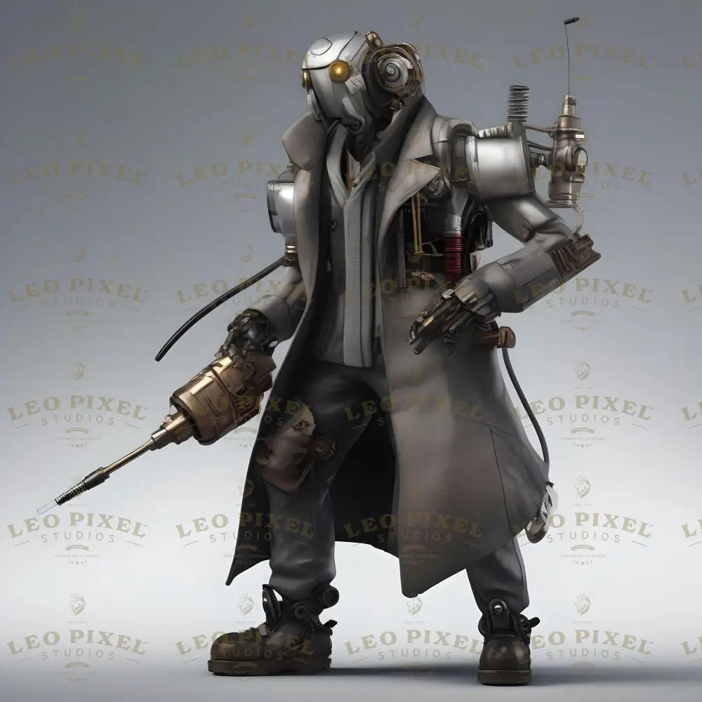 A cyberpunk character exuding a blend of futuristic utility and industrial aesthetics. Adorned with a reinforced trench coat, integrated mechanical elements, and cybernetic limbs, he embodies technological prowess. A high-powered, precision tool in hand hints at expertise in engineering or combat. The design fuses advanced robotics with gritty, functional style, encapsulating a dystopian world driven by innovation and resilience. Ai generated image.