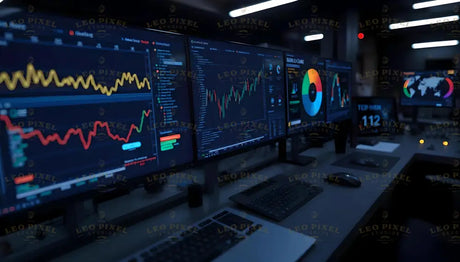 A sophisticated trading desk features multiple high-resolution monitors, each displaying financial data, market trends, and analytic tools. Vibrant charts with dynamic red and yellow lines track stock movements, while pie charts and heatmaps offer global market insights. The dim lighting highlights the tech-intensive atmosphere of a high-stakes trading environment. Ai generated. Photography style.