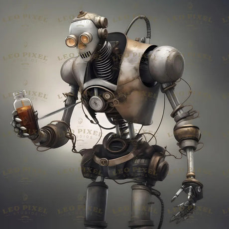 A cyberpunk automaton merges alchemical intrigue with advanced robotics. Holding a vial of mysterious liquid, its metallic frame features articulated joints and glowing amber eyes, exuding a sense of experimental precision. Exposed wires and gears run through its body, while its core houses a pressure gauge, suggesting a dual role as a scientist and a functional machine. Ai generated image.